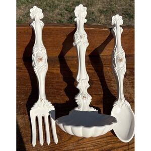 Vintage Arnel's Fork Spoon Ladle White Floral Wall Art Cottagecore Country 16"